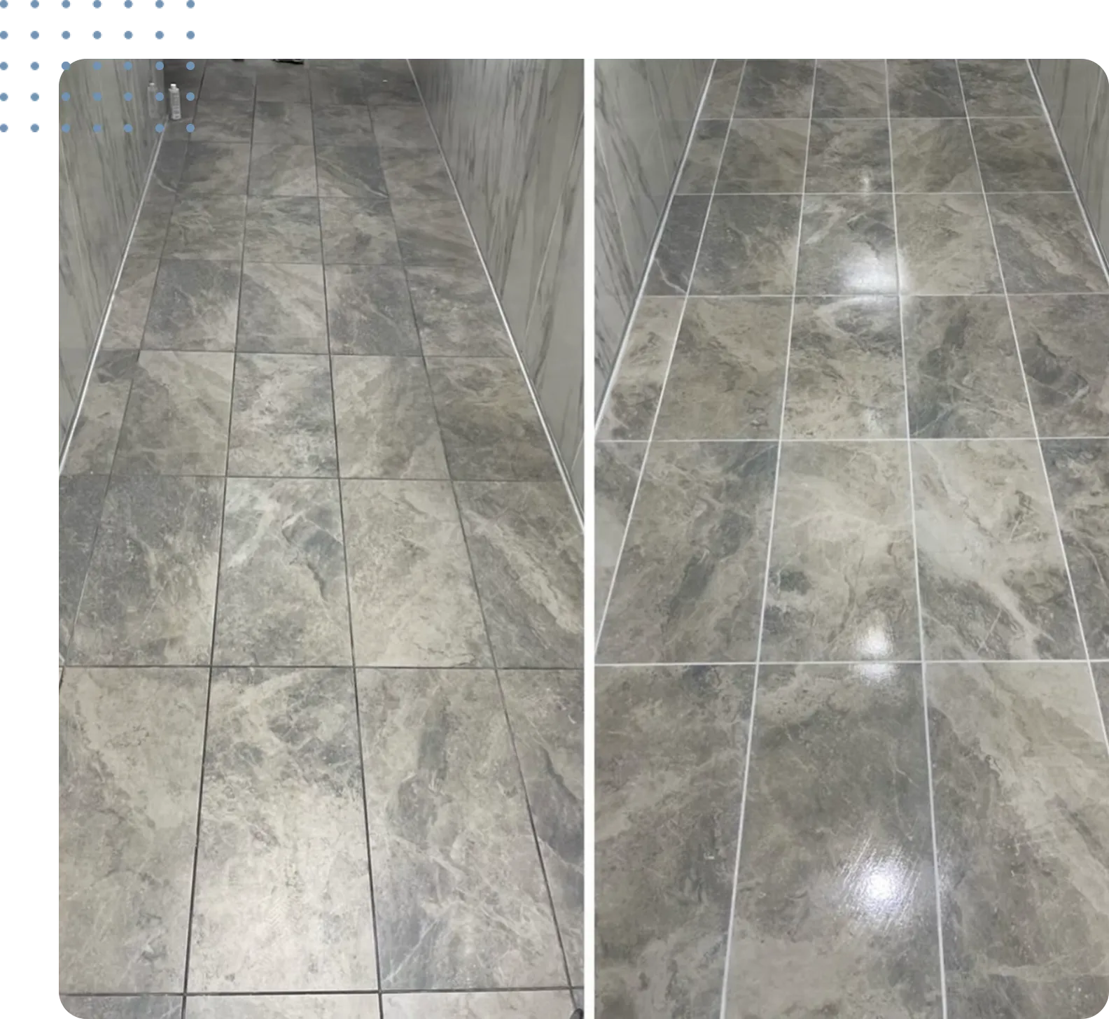 3 Before and after images of a tiled hallway floor, showcasing restored grout lines and enhanced tile appearance after grout sealing and recoloring services by Ultimate Finish in Las Vegas.
