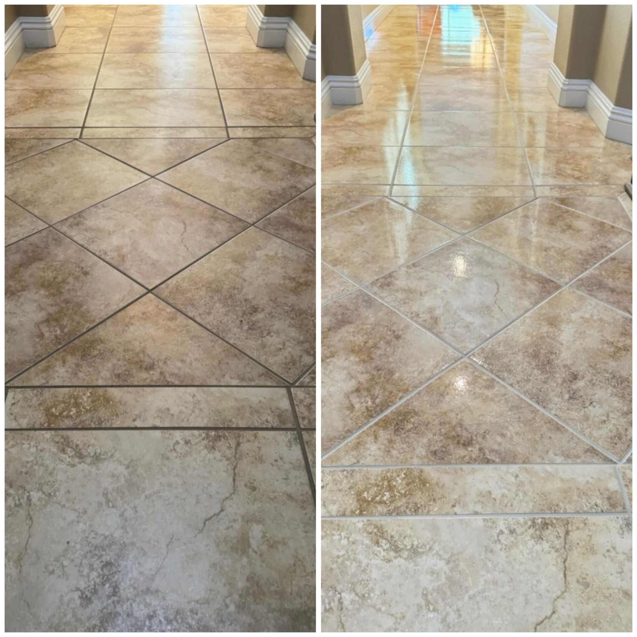 Before and after comparison of tile flooring, showcasing restored grout lines and enhanced grout color after grout sealing and recoloring services by Ultimate Finish Stone, Tile & Grout in Las Vegas.