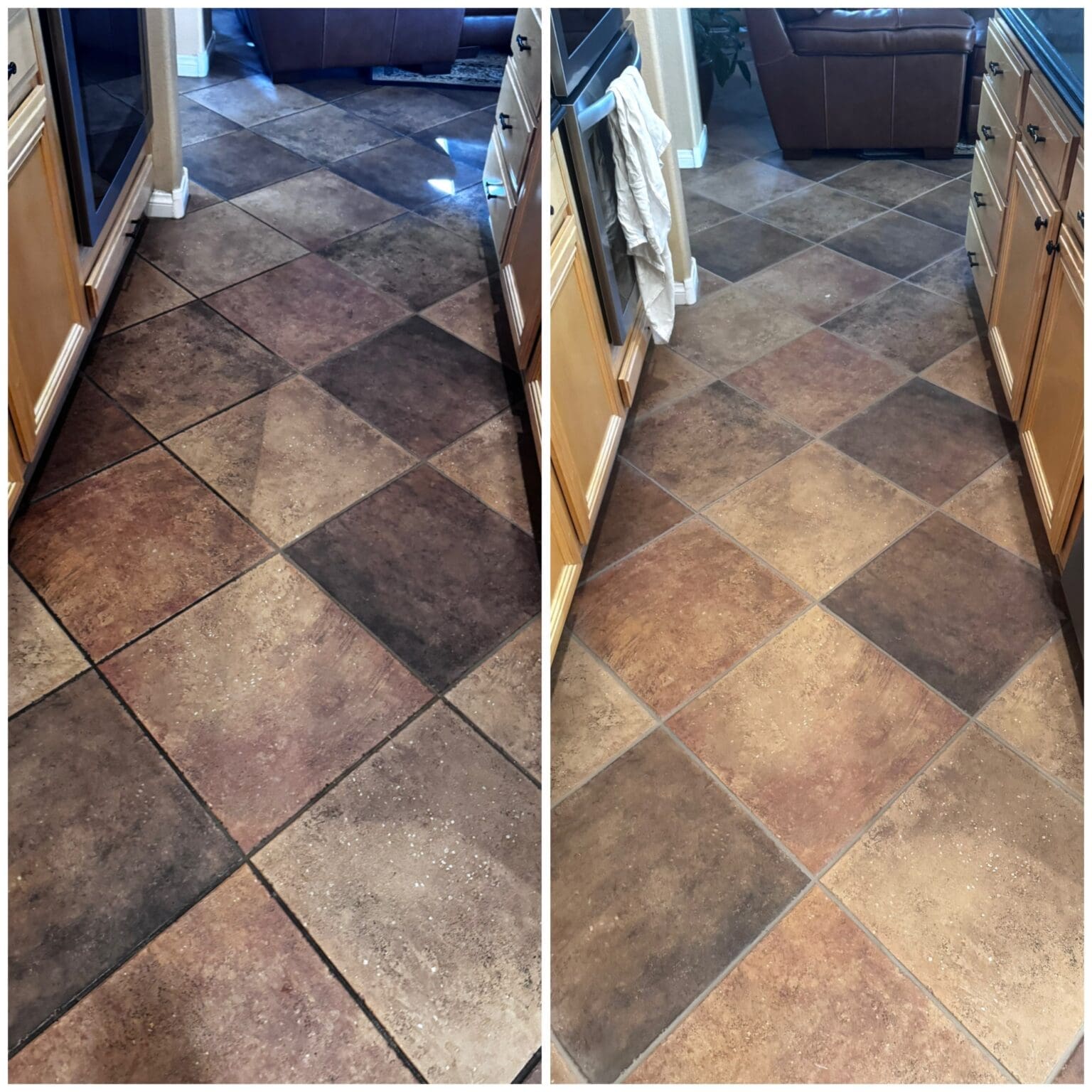 IMG_2154 Before and after comparison of clean tile flooring in a kitchen, showcasing the effectiveness of Ultimate Finish Stone, Tile & Grout Inc. cleaning services.