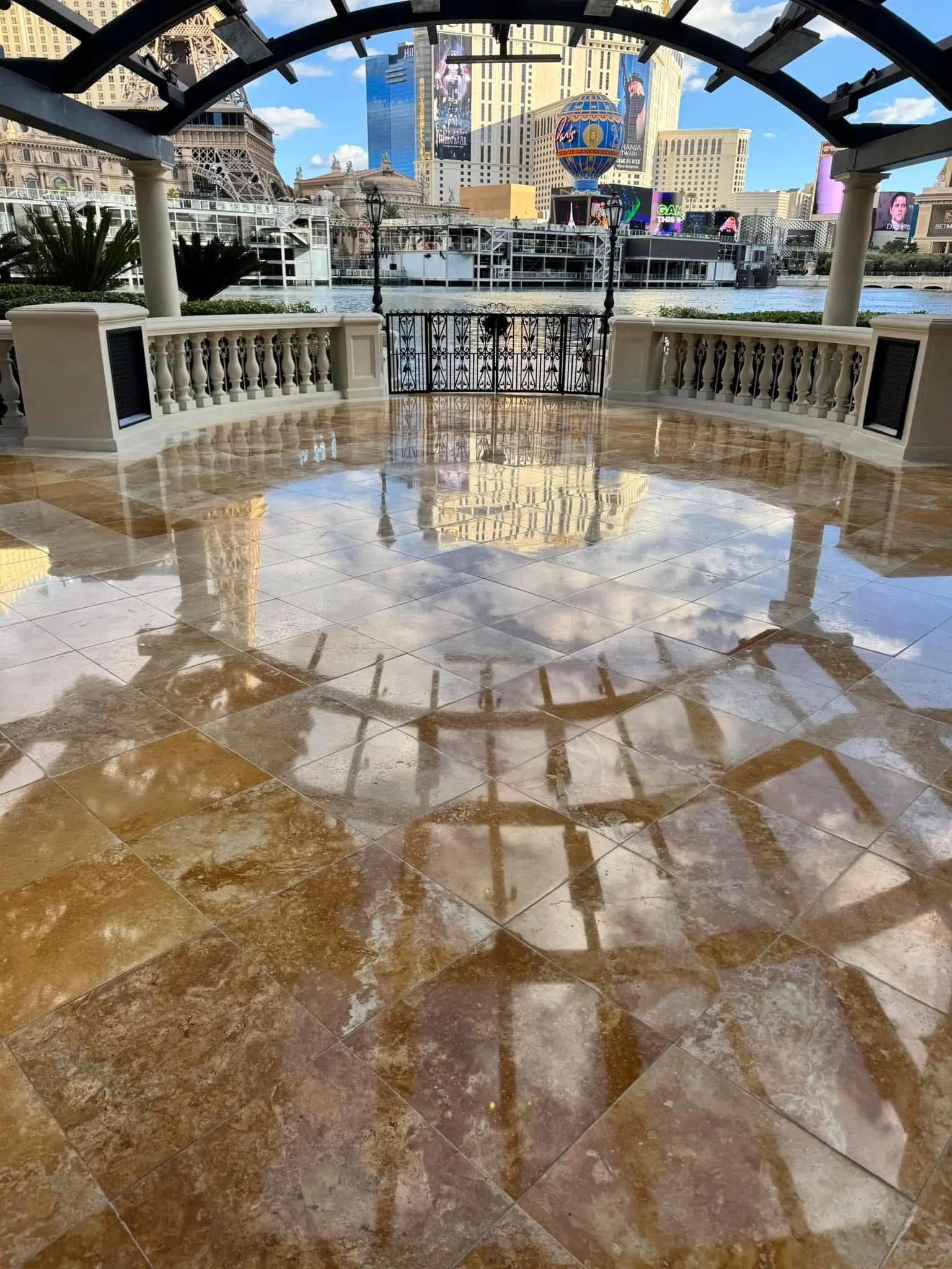 IMG_9205 Polished Travertine floor located at the Bellagio hotel and casino in Las Vegas. The floors were polished to a mirror like finish and sealed to protect